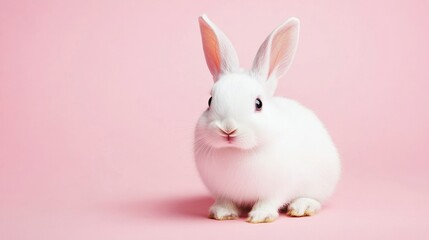 Obraz premium Photo of a little bunny, on a soft pink background Easter theme