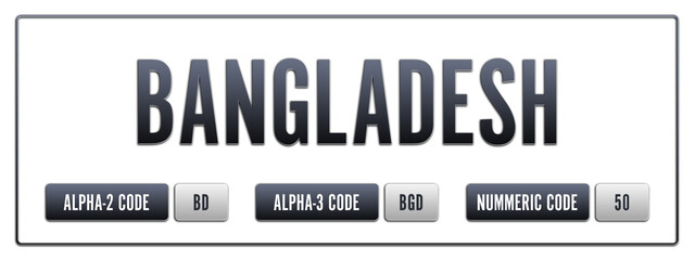Bangladesh. Illustration with ISO 3166-1 Country Code.  ISO Alpha-2, Alpha-3 and Numeric code. Two three letters and numbers.