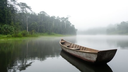 Obraz premium Misty Lake Forest Boat Scene