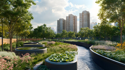 Fototapeta premium A modern urban landscape with rainwater collection tanks installed in public spaces, providing a sustainable water source for parks, gardens, and green rooftops to support eco-friendly living.
