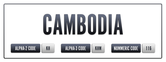 Cambodia. Illustration with ISO 3166-1 Country Code.  ISO Alpha-2, Alpha-3 and Numeric code. Two three letters and numbers.