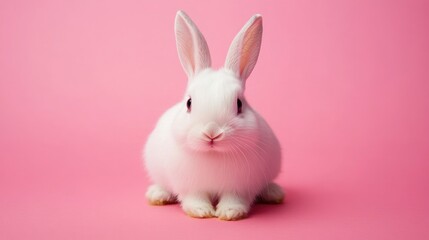 Obraz premium Photo of a little bunny, on a soft pink background Easter theme
