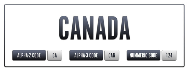 Canada. Illustration with ISO 3166-1 Country Code.  ISO Alpha-2, Alpha-3 and Numeric code. Two three letters and numbers.