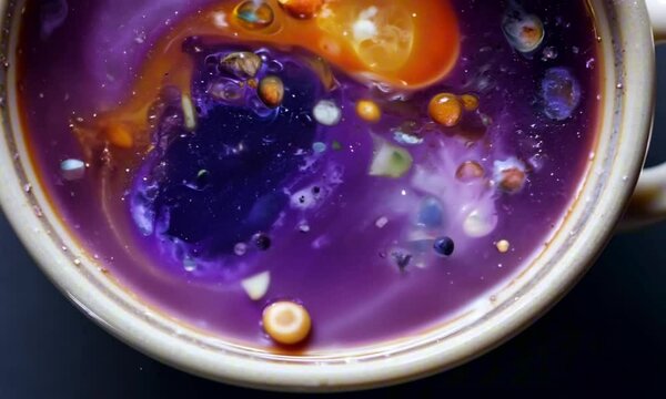 A steaming cup of tea swirling with miniature galaxies and glowing nebulae inside its liquid. Surreal food aesthetic