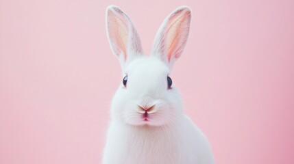 Fototapeta premium Photo of a little bunny, on a soft pink background Easter theme