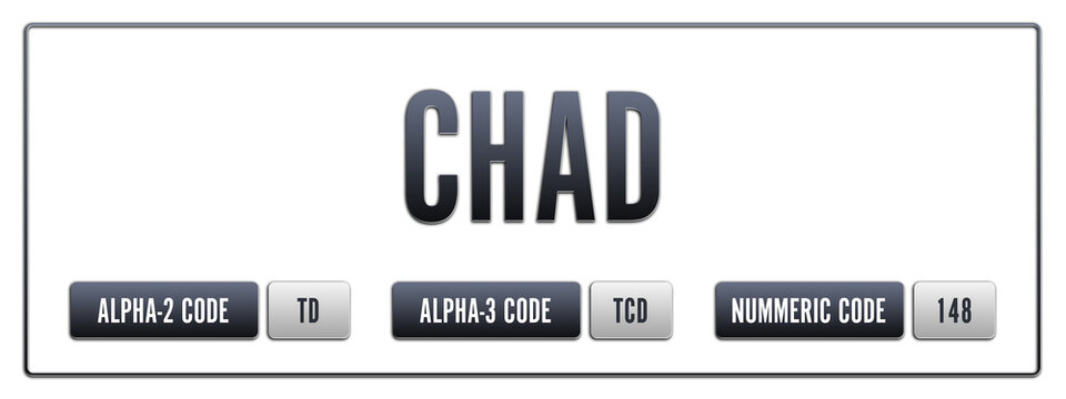 Chad. Illustration with ISO 3166-1 Country Code.  ISO Alpha-2, Alpha-3 and Numeric code. Two three letters and numbers.