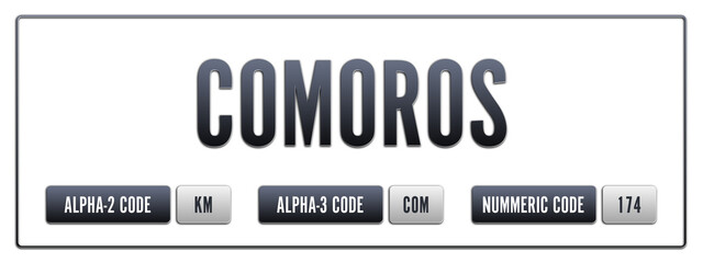 Comoros. Illustration with ISO 3166-1 Country Code.  ISO Alpha-2, Alpha-3 and Numeric code. Two three letters and numbers.