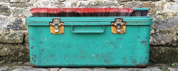 A weathered teal metal box sits against a stone wall, its contents unseen but hinted at by the tops of brushes visible at the top.  The box shows signs of age and use