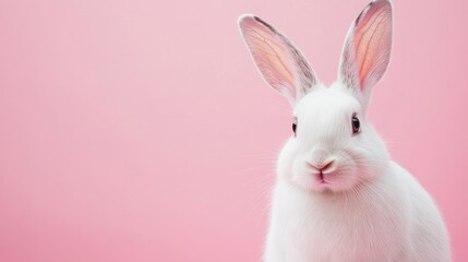 Fototapeta premium Photo of a little bunny, on a soft pink background Easter theme