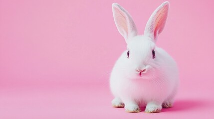 Obraz premium Photo of a little bunny, on a soft pink background Easter theme