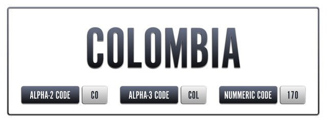 Colombia. Illustration with ISO 3166-1 Country Code.  ISO Alpha-2, Alpha-3 and Numeric code. Two three letters and numbers.