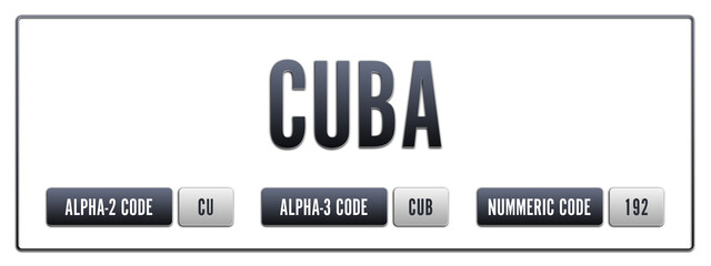 Cuba. Illustration with ISO 3166-1 Country Code.  ISO Alpha-2, Alpha-3 and Numeric code. Two three letters and numbers.
