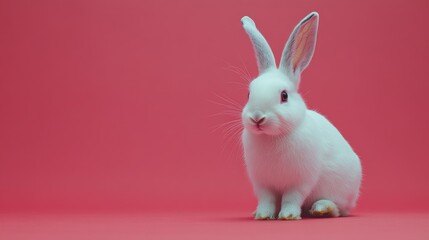 Obraz premium Photo of a little bunny, on a soft pink background Easter theme