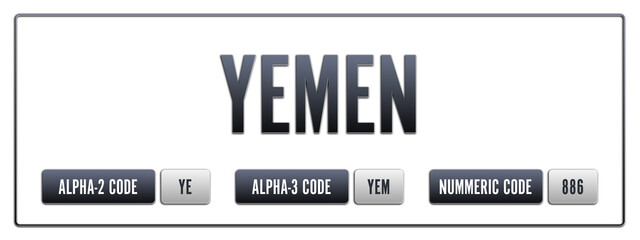Obraz premium Yemen. Illustration with ISO 3166-1 Country Code. ISO Alpha-2, Alpha-3 and Numeric code. Two three letters and numbers.