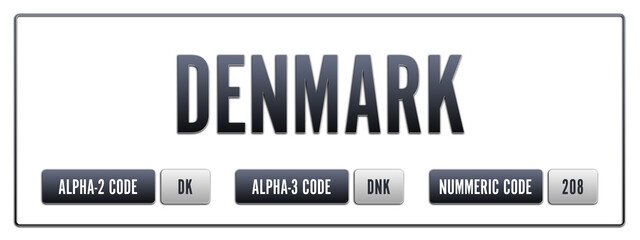 Denmark. Illustration with ISO 3166-1 Country Code.  ISO Alpha-2, Alpha-3 and Numeric code. Two three letters and numbers.
