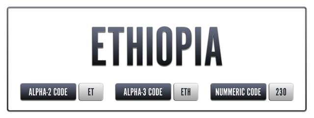 Ethiopia. Illustration with ISO 3166-1 Country Code.  ISO Alpha-2, Alpha-3 and Numeric code. Two three letters and numbers.