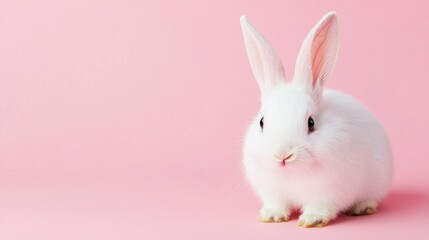 Obraz premium Photo of a little bunny, on a soft pink background Easter theme