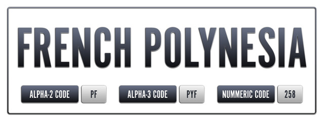 French Polynesia. Illustration with ISO 3166-1 Country Code.  ISO Alpha-2, Alpha-3 and Numeric code. Two three letters and numbers.