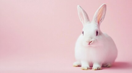 Photo of a little bunny, on a soft pink background Easter theme