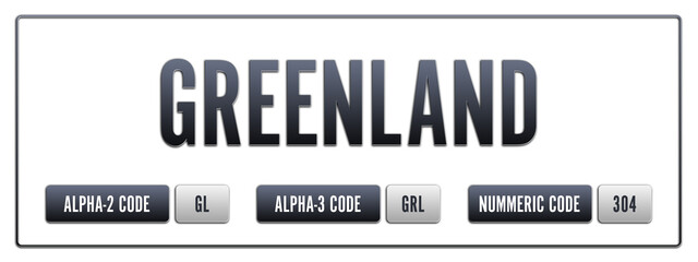 Greenland. Illustration with ISO 3166-1 Country Code.  ISO Alpha-2, Alpha-3 and Numeric code. Two three letters and numbers.
