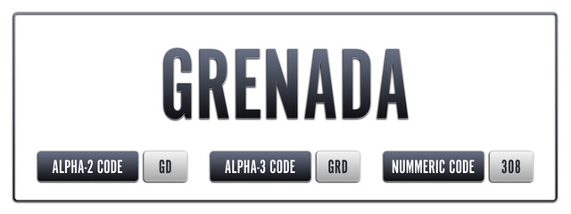 Grenada. Illustration with ISO 3166-1 Country Code.  ISO Alpha-2, Alpha-3 and Numeric code. Two three letters and numbers.