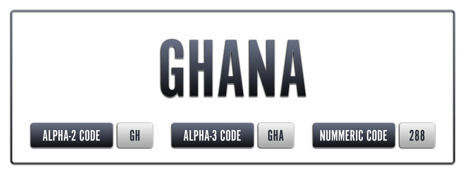 Ghana. Illustration with ISO 3166-1 Country Code.  ISO Alpha-2, Alpha-3 and Numeric code. Two three letters and numbers.