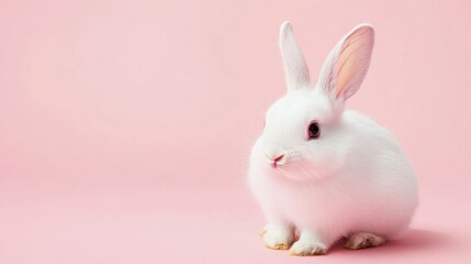 Obraz premium Photo of a little bunny, on a soft pink background Easter theme