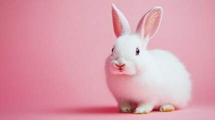 Photo of a little bunny, on a soft pink background Easter theme