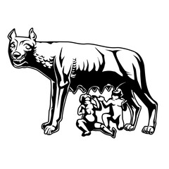 Schwarz-weiße Darstellung der Kapitolinischen Wölfin mit Romulus und Remus. Symbol für die Gründung Roms. Ideal für Mythologie, Geschichte, Ausmalbilder und klassische Motive.