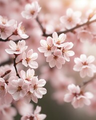 Fototapeta premium Blush-pink cherry blossoms in a silken blur, pale gold accents, abstract floral texture with serene Japanese garden vibe.