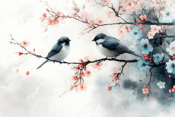 Two delightful birds sit amidst delicate cherry blossoms in a soft watercolor painting.