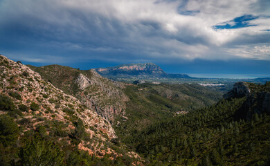 Landscape with Montgó mountain on background, in Denia, Comunidad Valenciana (Spain).