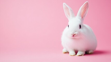 Obraz premium Photo of a little bunny, on a soft pink background Easter theme