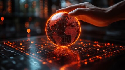 Digital Globe Network Technology Futuristic Orange Glow Hand Interactive Global Connection Data Visualization Abstract Background 