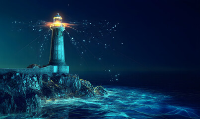 Lighthouse on the seashore in digital futuristic style. Light effect as a guide to the sea. Night landscape of rocky coast with building. Illustration in the form of a modern art piece.
