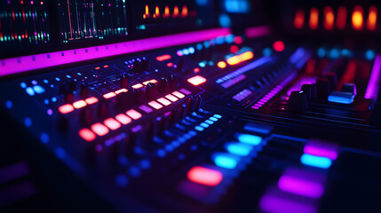 A neon-infused AI synthesizer composing electronic beats in real-time.