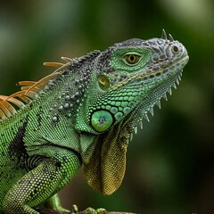 Fototapeta premium A vivid green iguana with intricate, textured scales, highlighted by shades of blue and orange. 