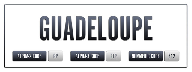 Guadeloupe. Illustration with ISO 3166-1 Country Code.  ISO Alpha-2, Alpha-3 and Numeric code. Two three letters and numbers.