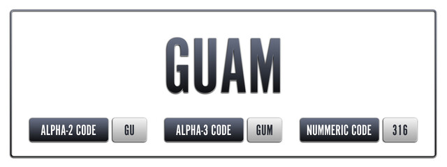 Guam. Illustration with ISO 3166-1 Country Code.  ISO Alpha-2, Alpha-3 and Numeric code. Two three letters and numbers.