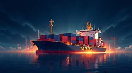 the introduction of import tariffs, set against a rich, deep, midnight blue background with subtle, wispy cloud-like textures, evoking a sense of global connectivity