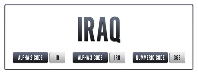 Iraq. Illustration with ISO 3166-1 Country Code.  ISO Alpha-2, Alpha-3 and Numeric code. Two three letters and numbers.