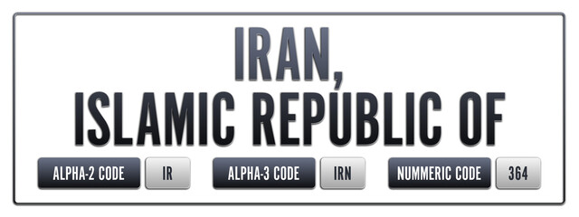 Iran, Islamic Republic Of. Illustration with ISO 3166-1 Country Code.  ISO Alpha-2, Alpha-3 and Numeric code. Two three letters and numbers.