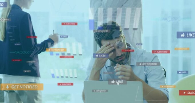 Stressed businessman at desk overwhelmed by social media notifications animation