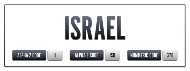 Israel. Illustration with ISO 3166-1 Country Code.  ISO Alpha-2, Alpha-3 and Numeric code. Two three letters and numbers.