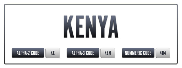 Kenya. Illustration with ISO 3166-1 Country Code.  ISO Alpha-2, Alpha-3 and Numeric code. Two three letters and numbers.