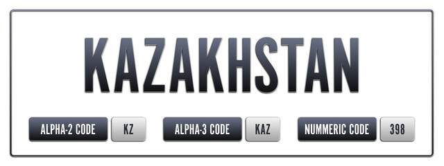 Kazakhstan. Illustration with ISO 3166-1 Country Code.  ISO Alpha-2, Alpha-3 and Numeric code. Two three letters and numbers.