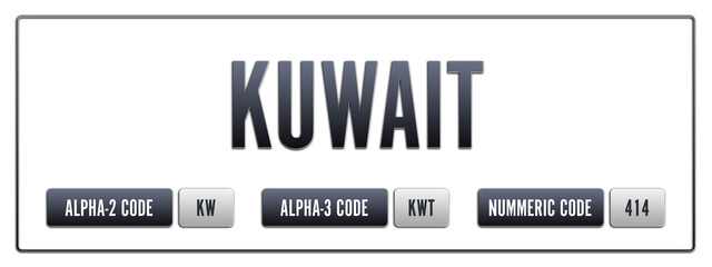Kuwait. Illustration with ISO 3166-1 Country Code.  ISO Alpha-2, Alpha-3 and Numeric code. Two three letters and numbers.