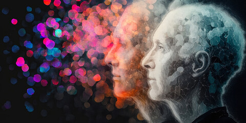 Conceptual depiction of cognitive decline and memory loss with fragmented human silhouette merging into colorful bokeh representing mental health challenges
