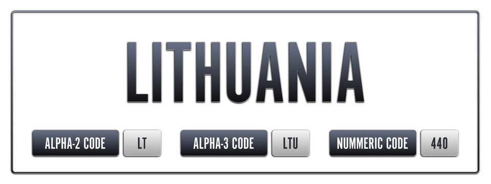 Lithuania. Illustration with ISO 3166-1 Country Code.  ISO Alpha-2, Alpha-3 and Numeric code. Two three letters and numbers.