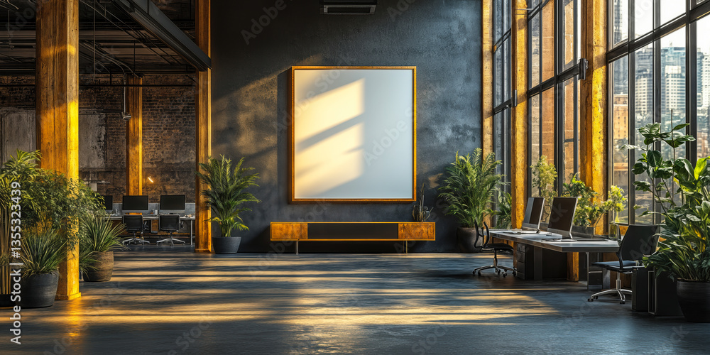 Poster modern office space with empty white mockup board and glass-walled conference room with desks and co